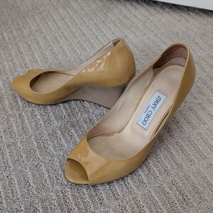 Jimmy Choo Yellow & Tan Patent Leather Peep-Toe Wedges 7